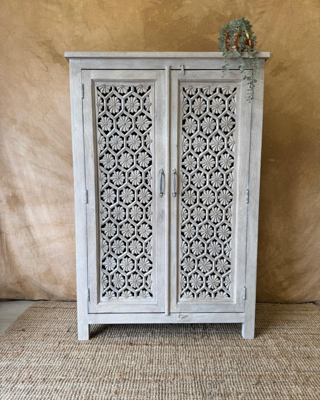 Hand-Carved Mango Wood Two Door Armoire – Creamwash Finish