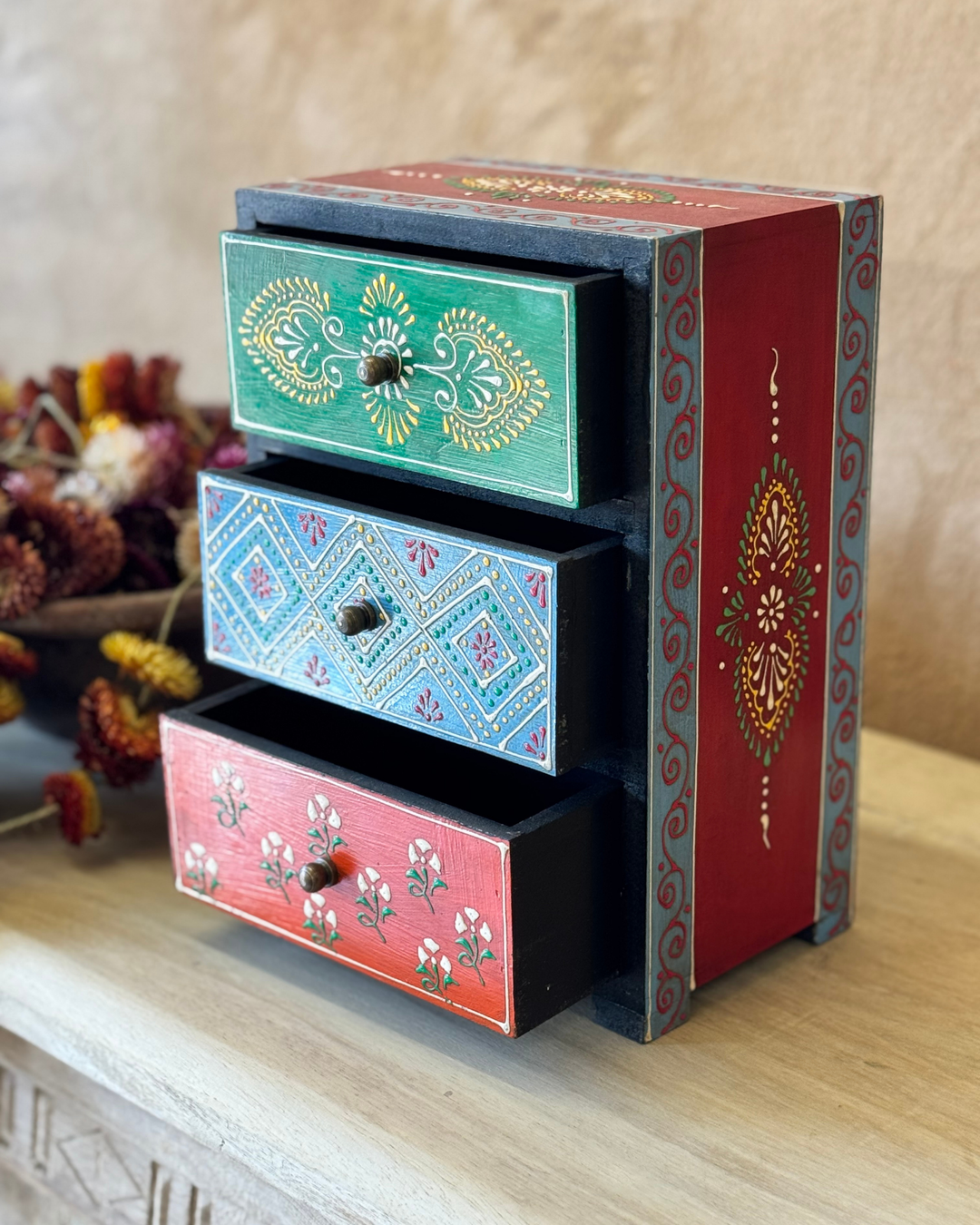 Hand-Painted Mango Wood Jewellery Chest – 3 Drawer Storage in Indian Floral Design
