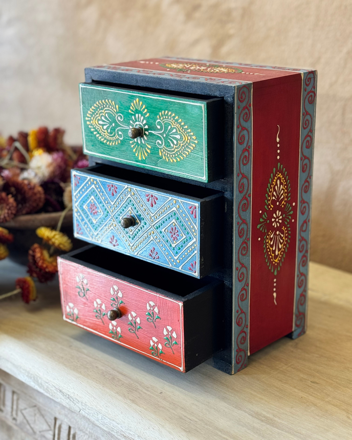 Hand-Painted Mango Wood Jewellery Chest – 3 Drawer Storage in Indian Floral Design
