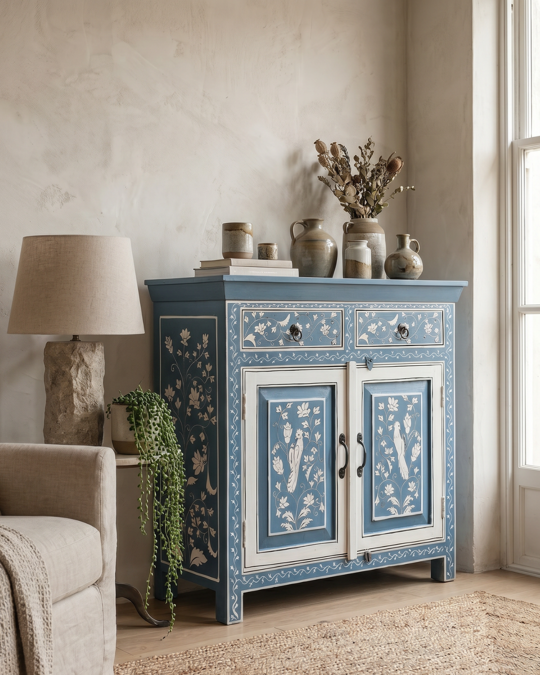 Hand-Painted Blue Mango Wood Sideboard – Two Door Two Drawer Cabinet