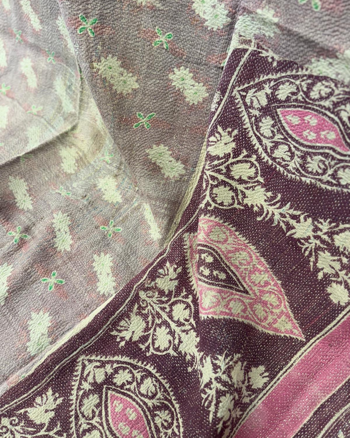 Vintage Hand-Embroidered Kantha Throw – Soft Pink & Sage Green Striped Sari