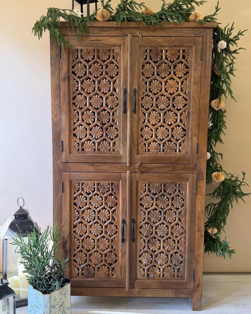 Hand-Carved Mango Wood Armoire with Jali Openwork Doors