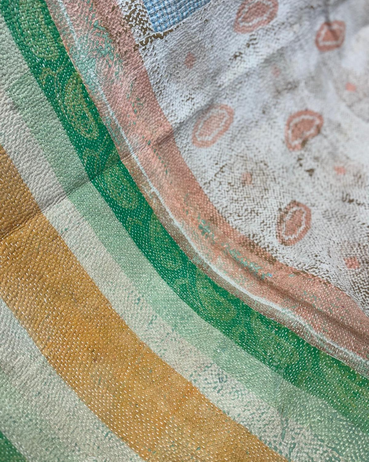 Vintage Hand-Embroidered Kantha Throw – Soft Pink & Sage Green Striped Sari