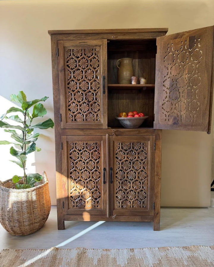 Hand-Carved Mango Wood Armoire with Jali Openwork Doors