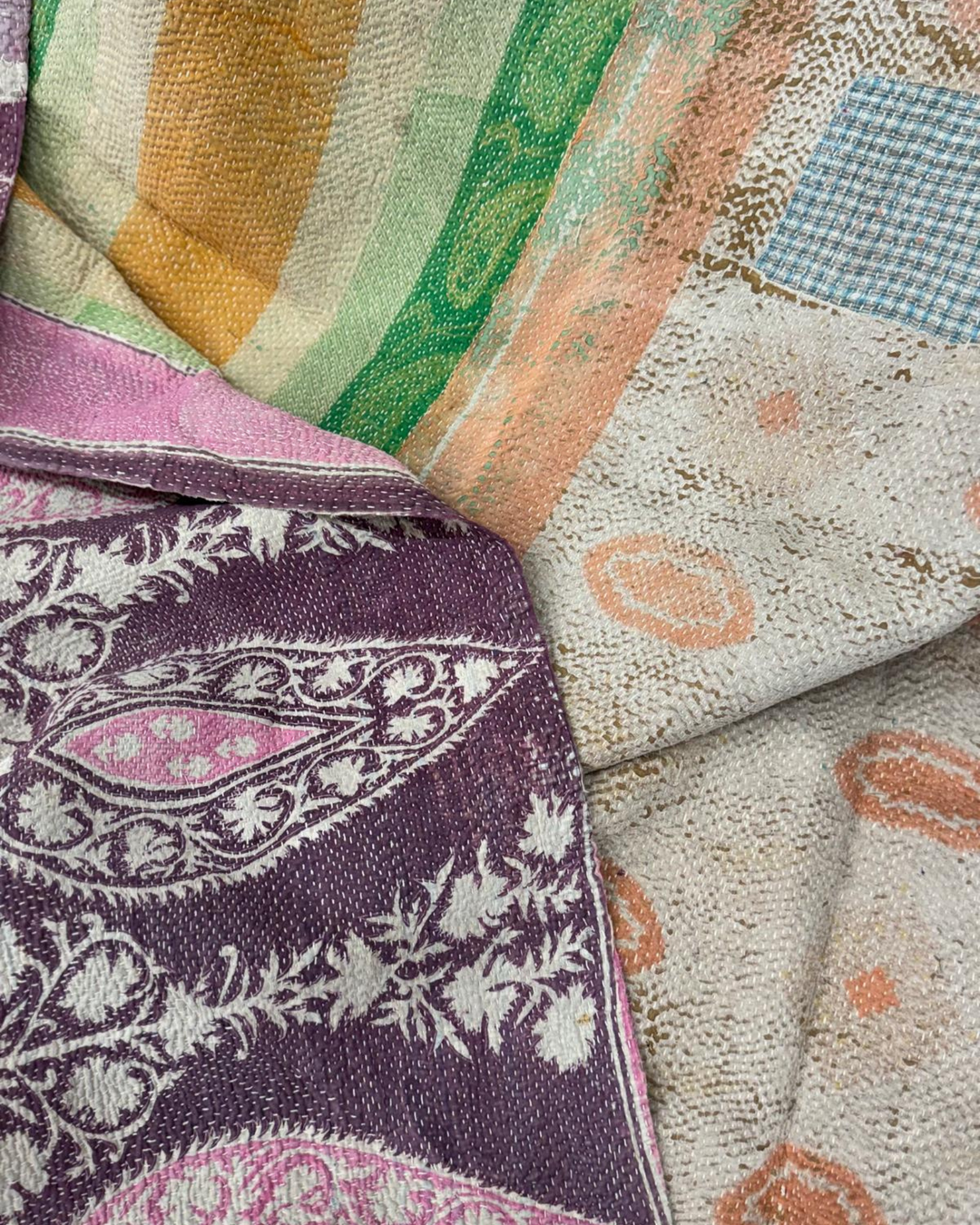 Vintage Hand-Embroidered Kantha Throw – Soft Pink & Sage Green Striped Sari
