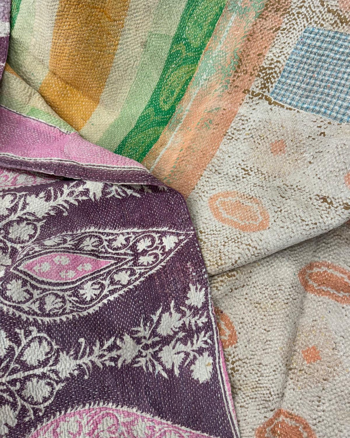 Vintage Hand-Embroidered Kantha Throw – Soft Pink & Sage Green Striped Sari
