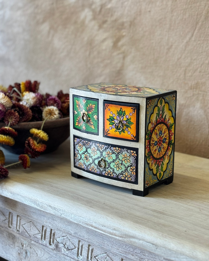 Hand-Painted Mango Wood Jewellery Chest – 3 Drawer Design with Floral Motifs