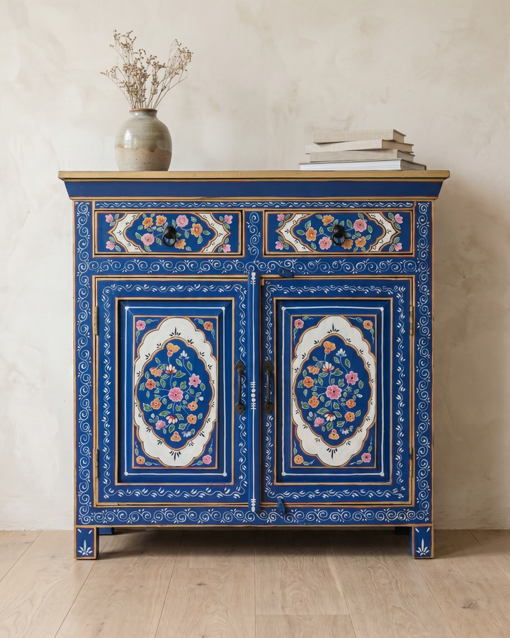 Hand-Painted Blue Floral Mango Wood Sideboard – Two Door Two Drawer Cabinet