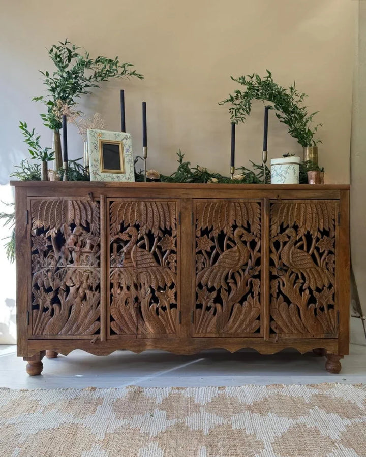 Hand-Carved Mango Wood Peacock 4-Door Sideboard