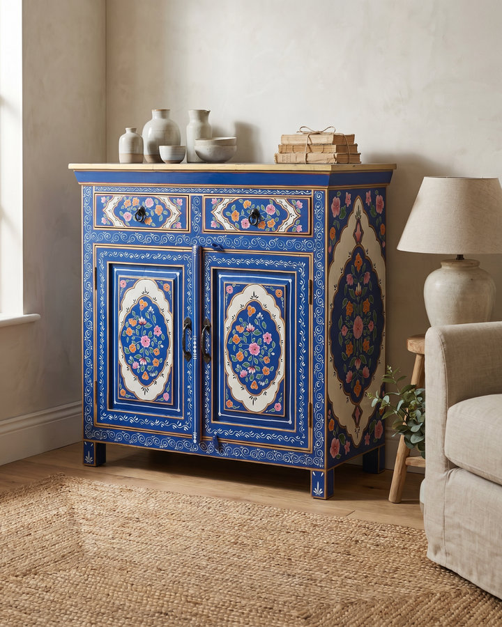 Hand-Painted Blue Floral Mango Wood Sideboard – Two Door Two Drawer Cabinet