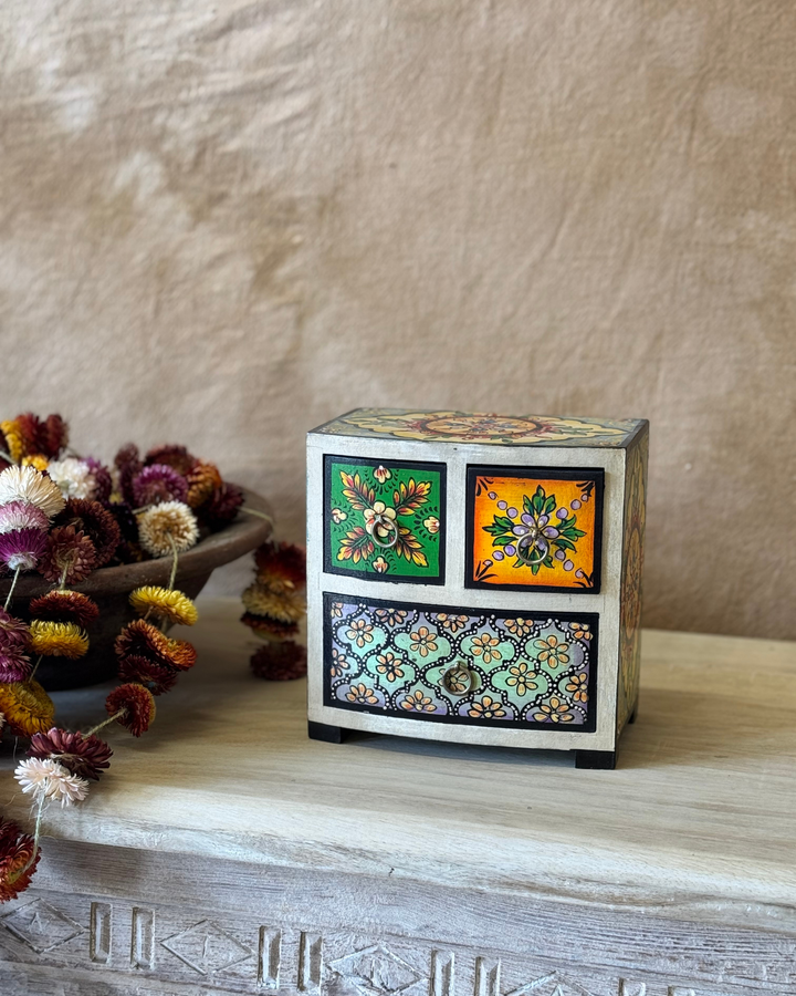 Hand-Painted Mango Wood Jewellery Chest – 3 Drawer Design with Floral Motifs