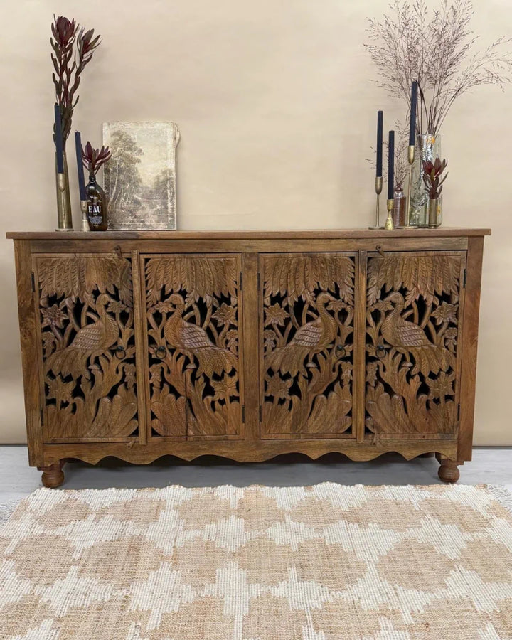 Hand-Carved Mango Wood Peacock 4-Door Sideboard