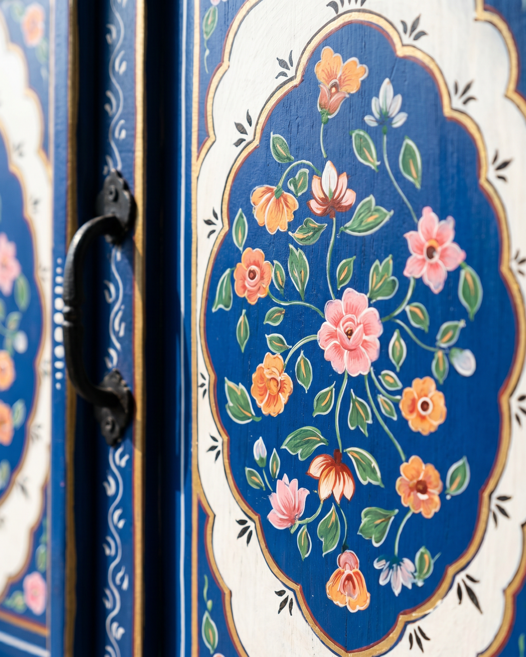 Hand-Painted Blue Floral Mango Wood Sideboard – Two Door Two Drawer Cabinet