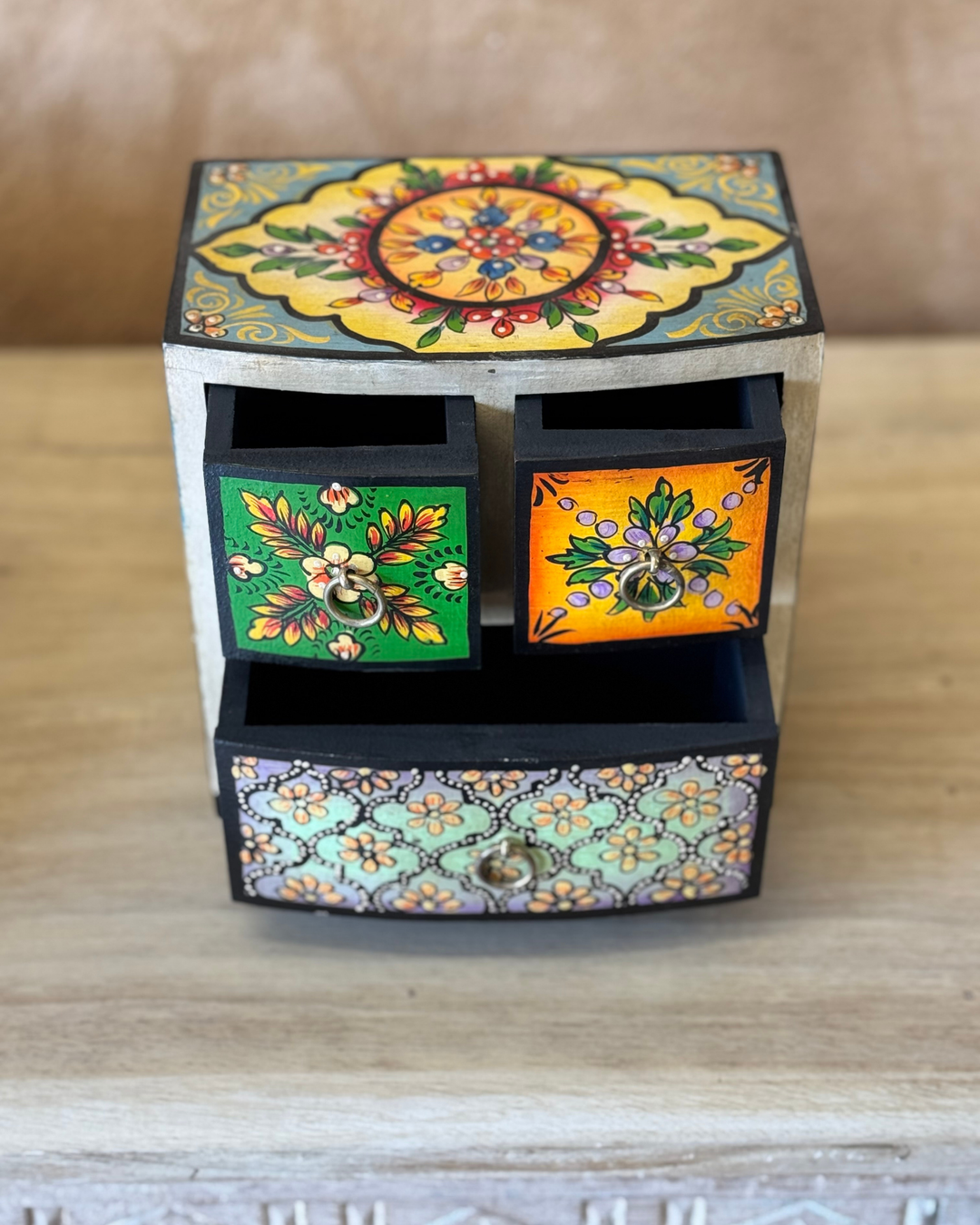 Hand-Painted Mango Wood Jewellery Chest – 3 Drawer Design with Floral Motifs
