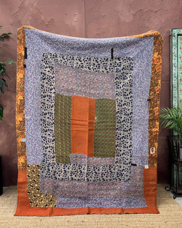 Vintage Hand-Embroidered Kantha Throw – Lilac Floral Patch Sari with Burnt Orange Accents
