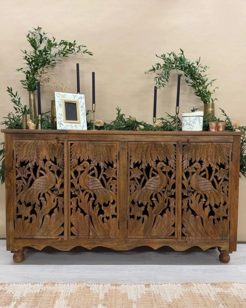 Hand-Carved Mango Wood Peacock 4-Door Sideboard