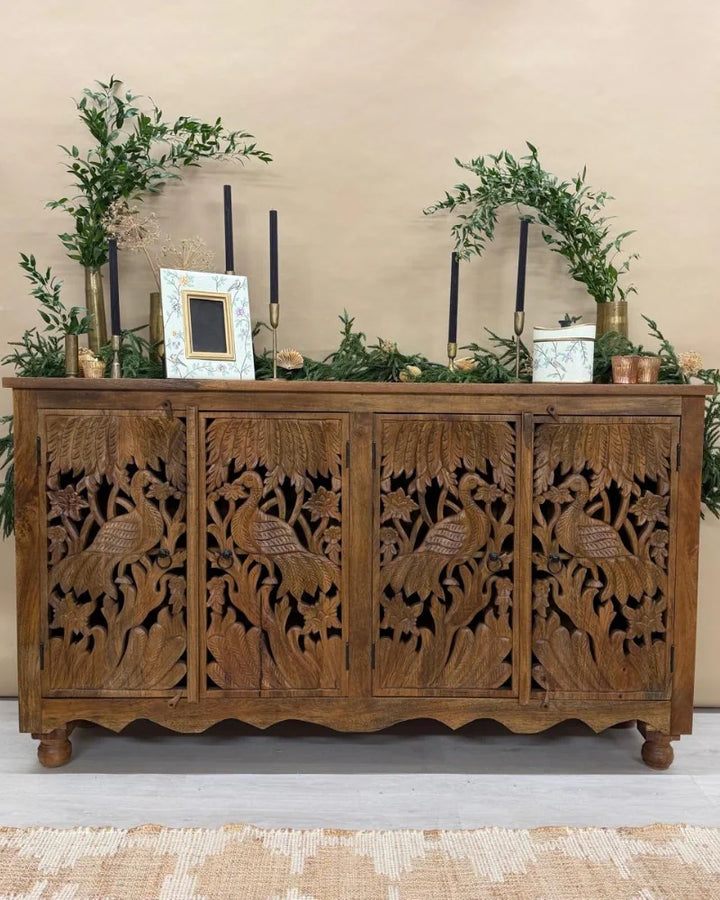 Hand-Carved Mango Wood Peacock 4-Door Sideboard
