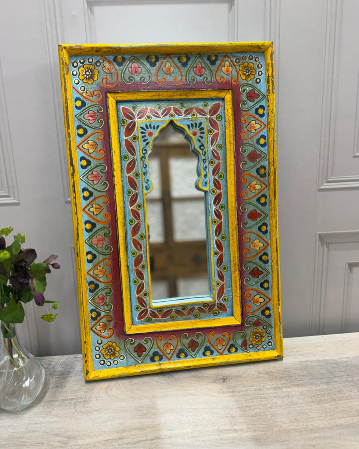 Hand-Painted Vintage Mango Wood Mirror – Arched Floral Frame