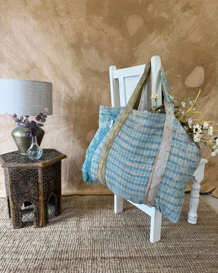 Handmade Upcycled Sari Tote Bag – Soft Blue Check | Multi-Purpose Everyday & Beach Bag
