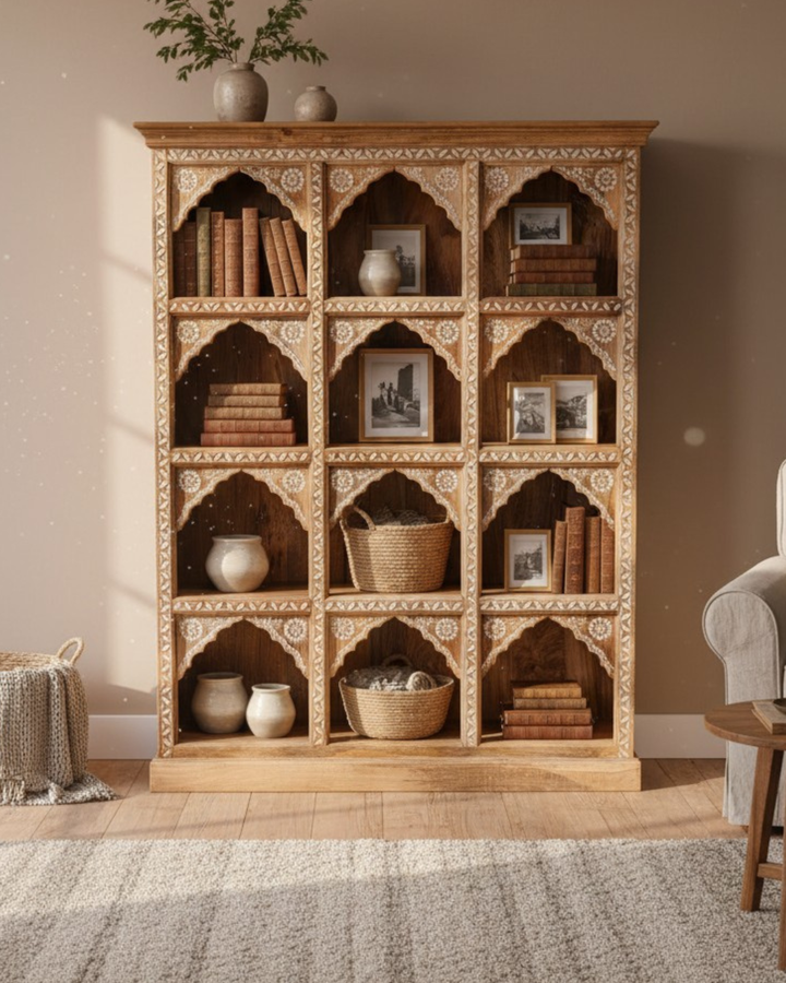 Hand-Carved Mango Wood Bookcase – 12 Arched Shelves in Natural Polished Finish