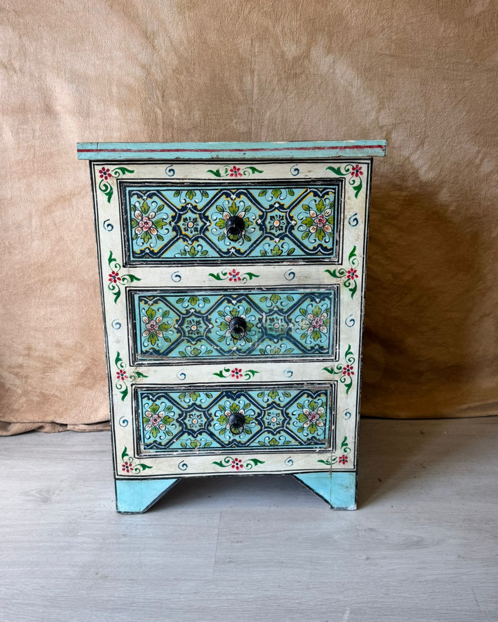 Hand-Painted Mango Wood Bedside Table – Blue Floral Design with Angled Legs