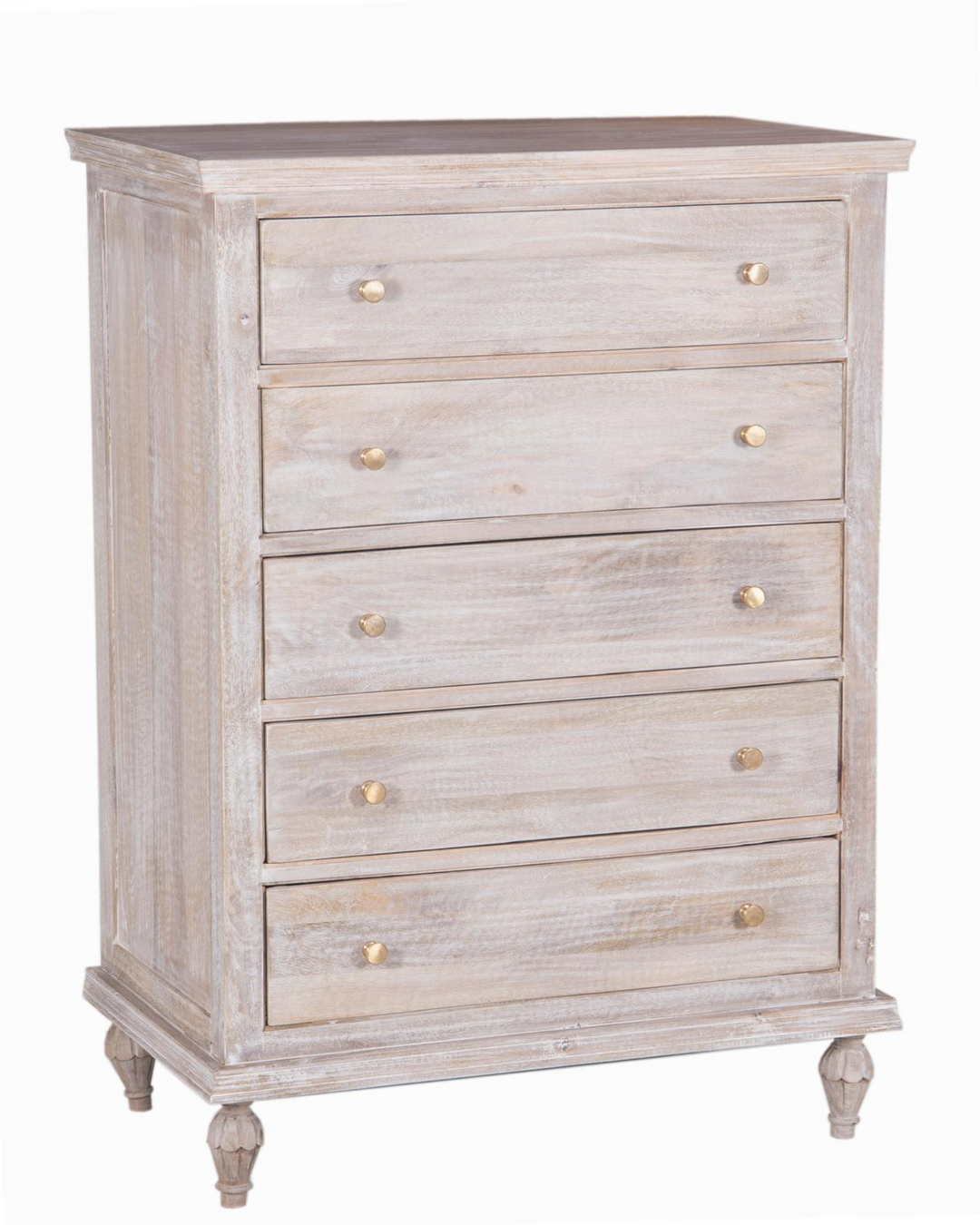 Mango Wood 5-Drawer Chest / Tallboy – Natural with Whitewashed Finish