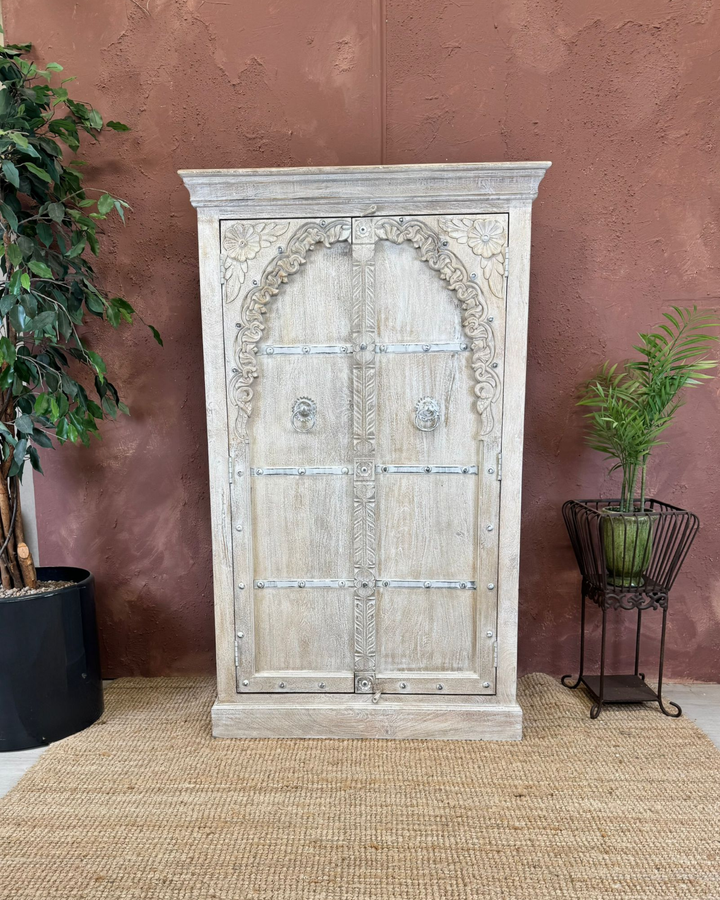 Hand-Carved Mango Wood 2-Door Armoire with Whitewashed Arch Design