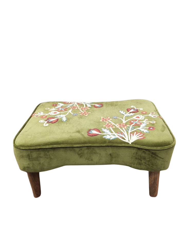 Green Velvet Hand-Embroidered Wingback Armchair & Footstool Set