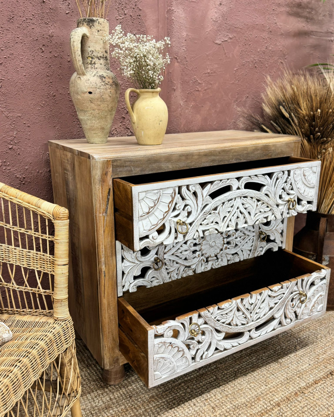 Hand-Carved Mango Wood Chest – 3 Drawers with Whitewashed Drawers
