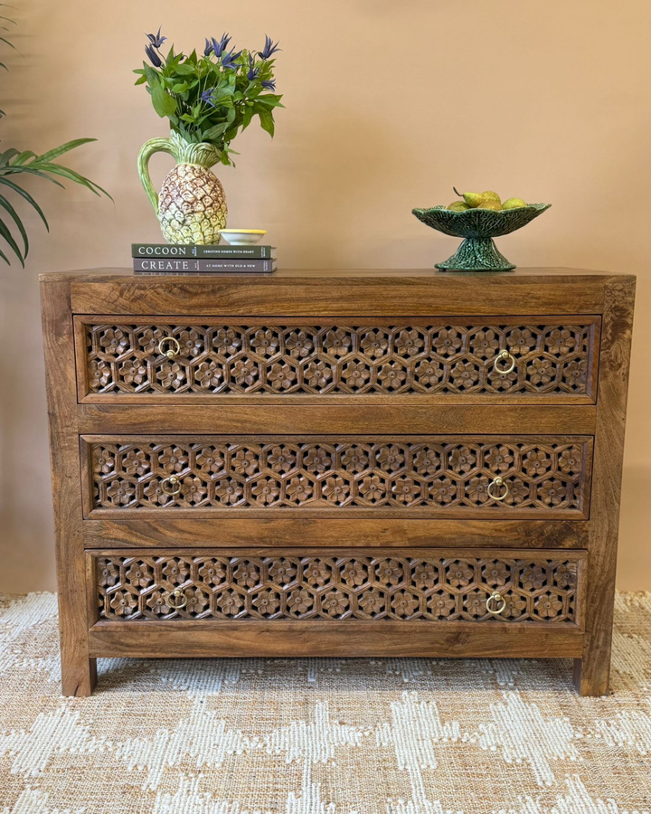 Jali Inspired Hand-Carved Mango Wood Chest of Drawers – Natural Polished Finish