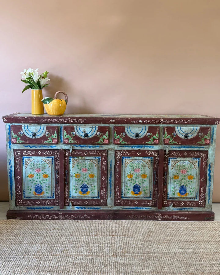Vintage Hand-Painted Mango Wood Sideboard – 4 Doors, 4 Drawers, Turquoise Finish