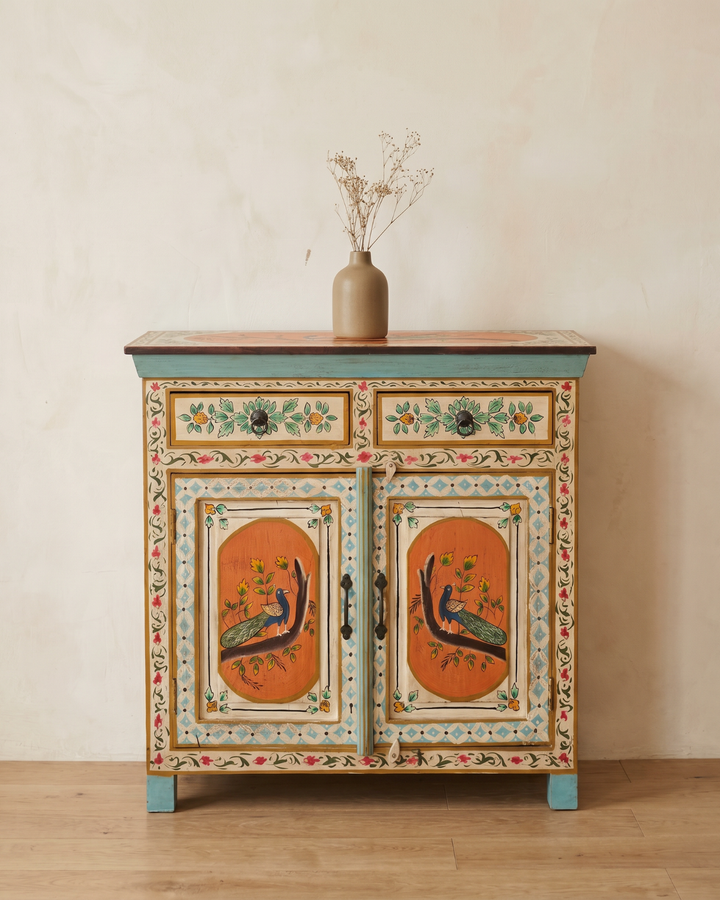 Hand-Painted Peacock Mango Wood Sideboard – Two Door Two Drawer Cabinet