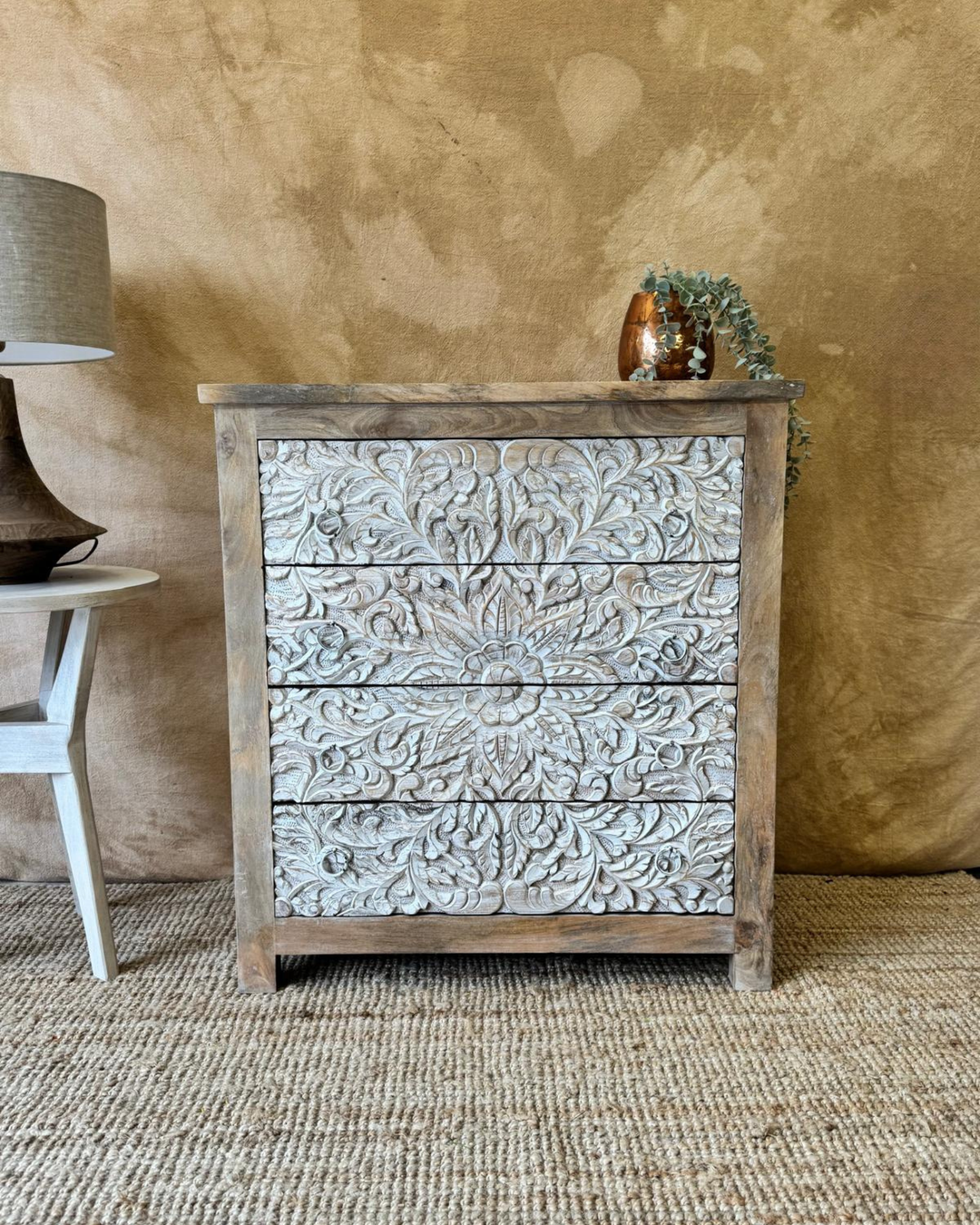 Hand-Carved Mango Wood Chest of Drawers – Whitewashed Floral Design