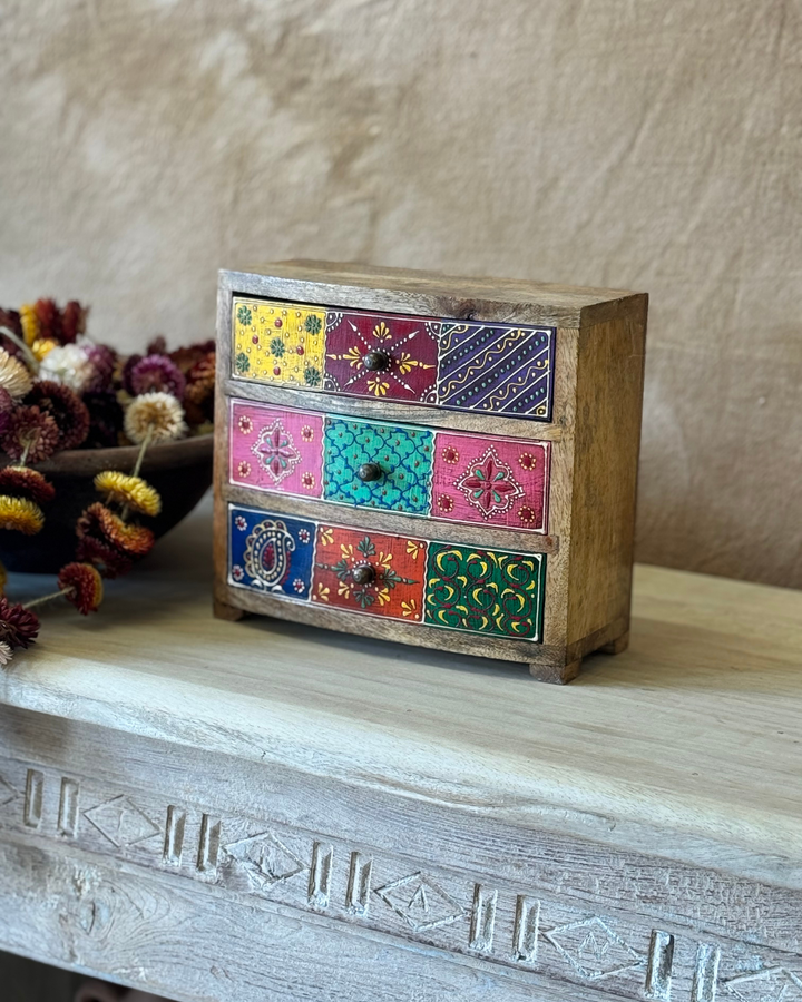 Hand-Painted Mango Wood Jewellery Chest – 9 Drawer Trinket Storage Box
