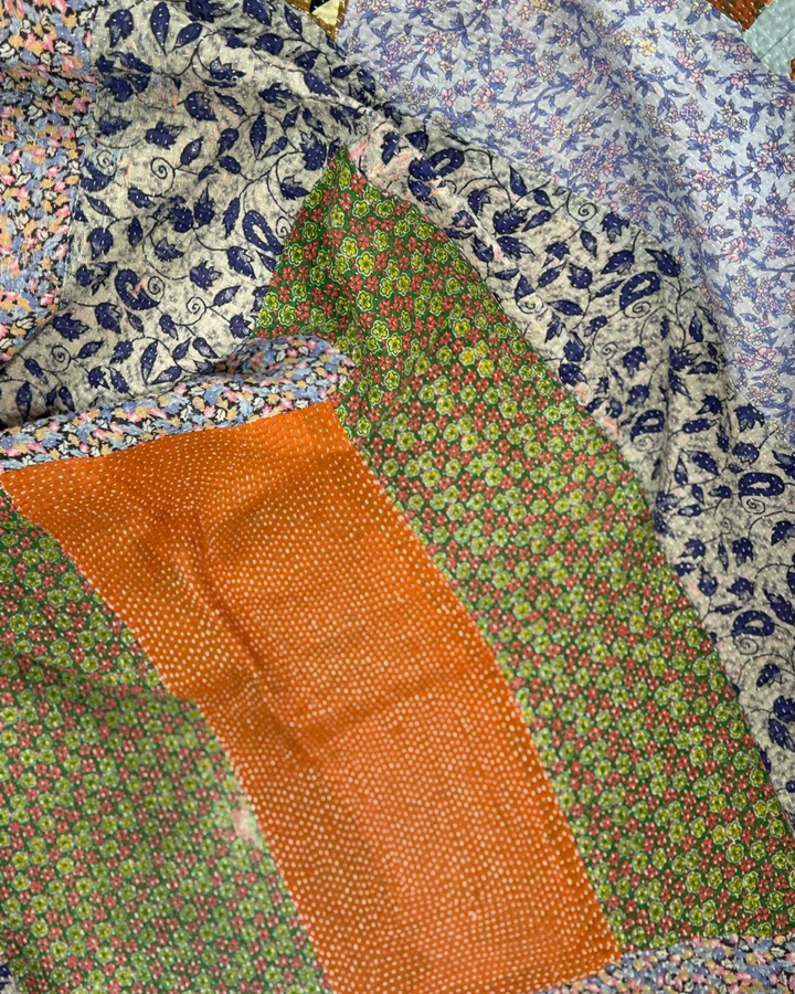 Vintage Hand-Embroidered Kantha Throw – Lilac Floral Patch Sari with Burnt Orange Accents