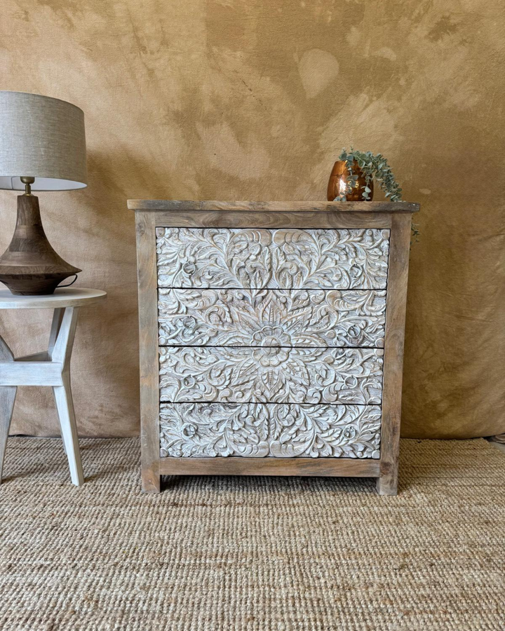 Hand-Carved Mango Wood Chest of Drawers – Whitewashed Floral Design