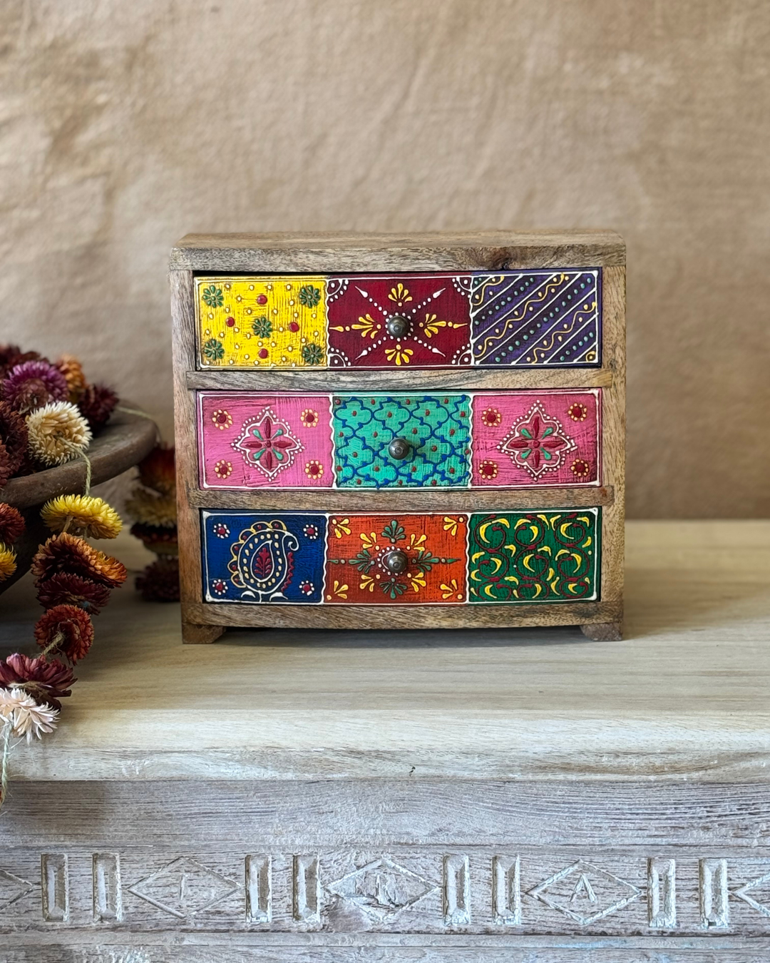 Hand-Painted Mango Wood Jewellery Chest – 9 Drawer Trinket Storage Box