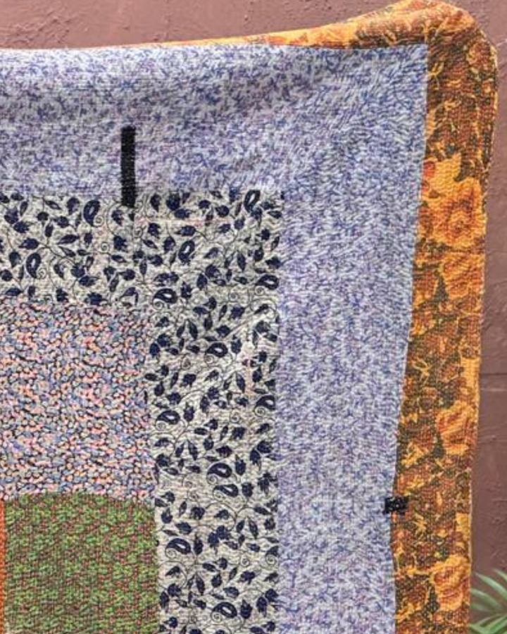 Vintage Hand-Embroidered Kantha Throw – Lilac Floral Patch Sari with Burnt Orange Accents