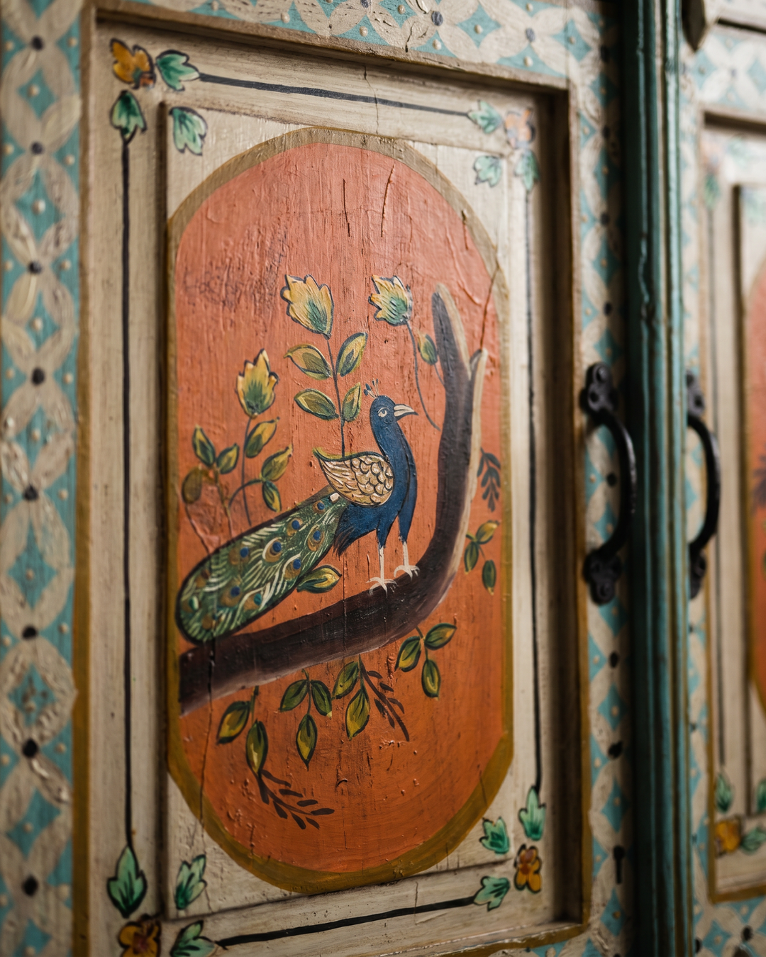 Hand-Painted Peacock Mango Wood Sideboard – Two Door Two Drawer Cabinet