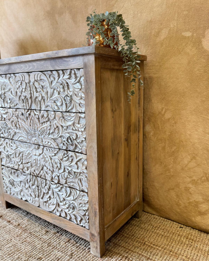 Hand-Carved Mango Wood Chest of Drawers – Whitewashed Floral Design