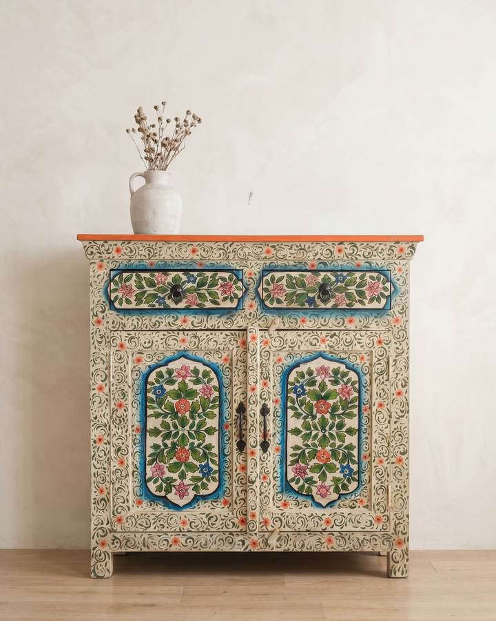 Hand-Painted Floral Mango Wood Sideboard – Two Door Two Drawer Cabinet