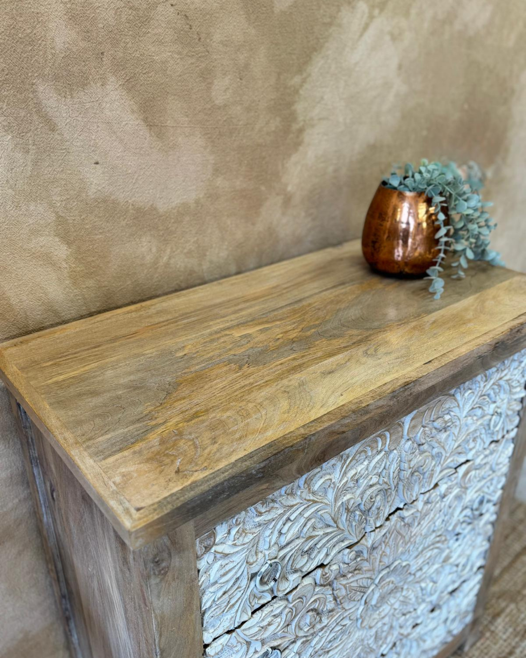 Hand-Carved Mango Wood Chest of Drawers – Whitewashed Floral Design