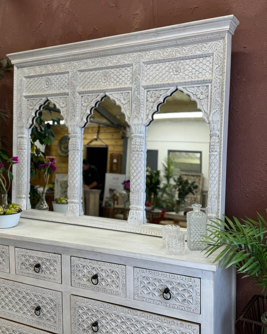 Hand-Carved Mango Wood Three Arch Mirror – Indian Petal & Leaf Design