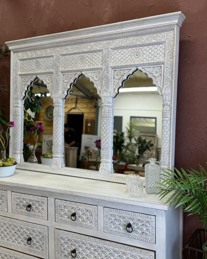 Hand-Carved Mango Wood Three Arch Mirror – Indian Petal & Leaf Design