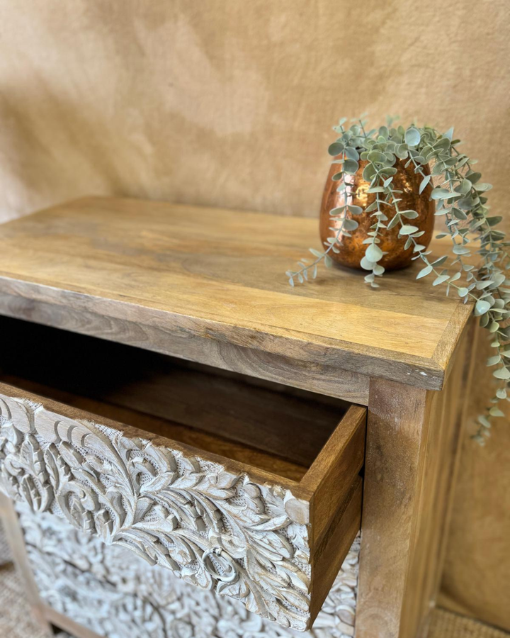 Hand-Carved Mango Wood Chest of Drawers – Whitewashed Floral Design