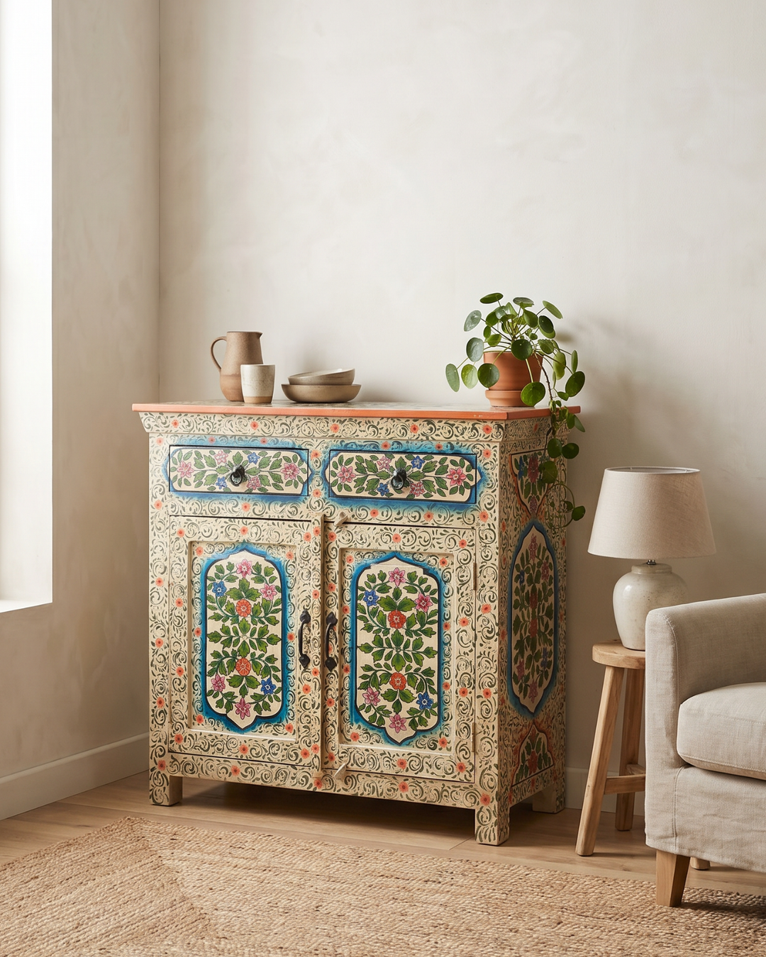 Hand-Painted Floral Mango Wood Sideboard – Two Door Two Drawer Cabinet