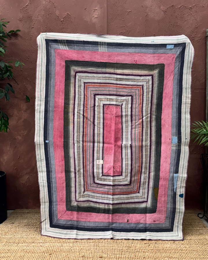 Vintage Hand-Embroidered Kantha Throw – Deep Red & Navy Sari with Windowpane Stitching