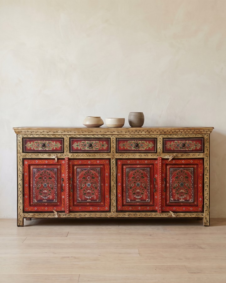 Hand-Painted Red Mango Wood Sideboard – Four Door Four Drawer Cabinet