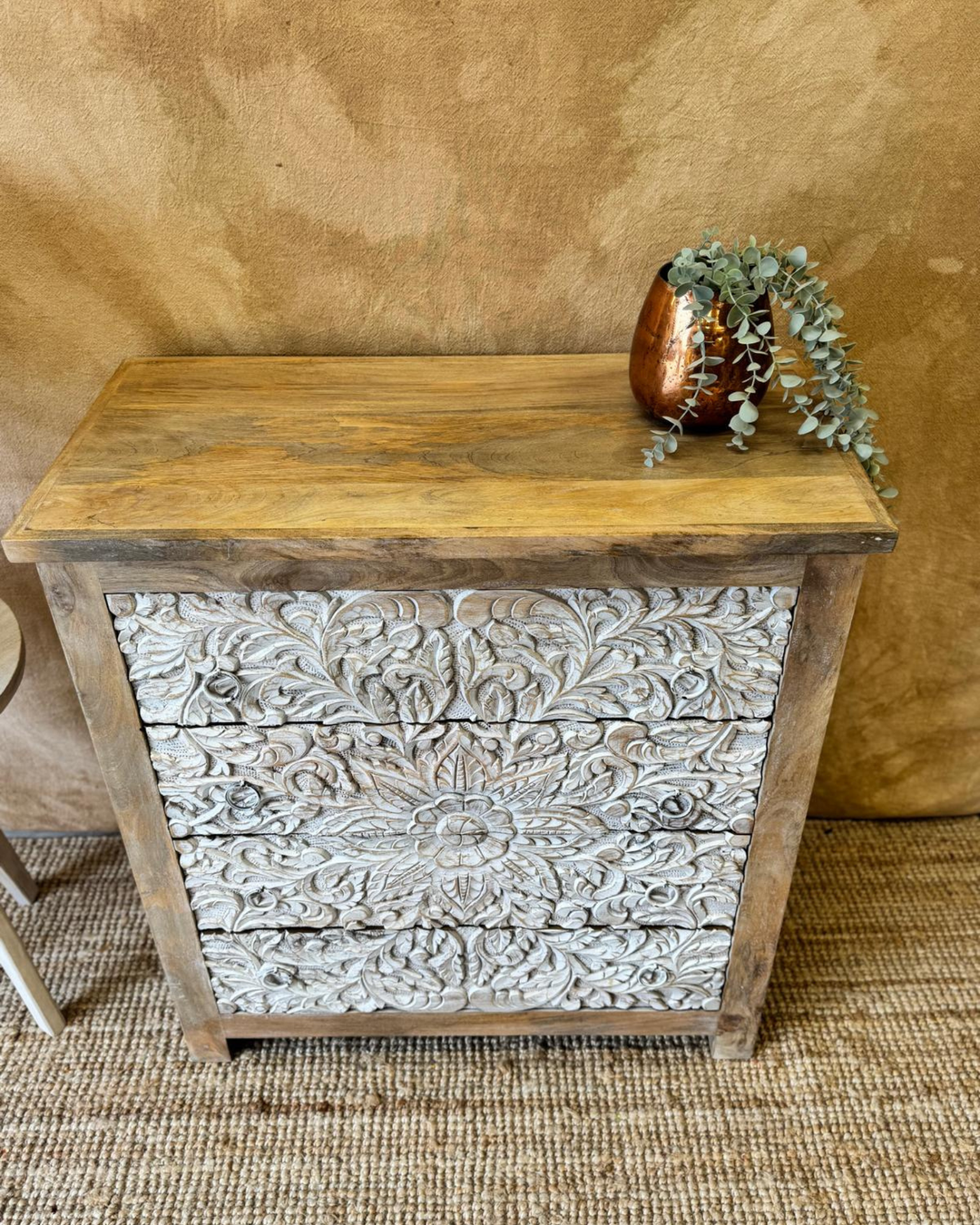 Hand-Carved Mango Wood Chest of Drawers – Whitewashed Floral Design