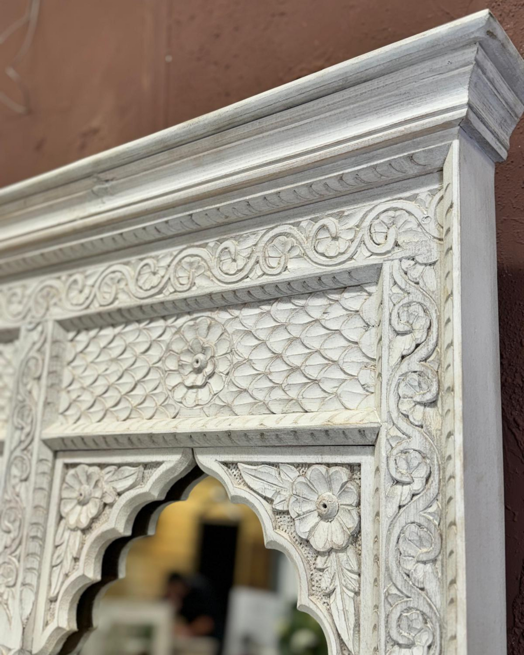 Hand-Carved Mango Wood Three Arch Mirror – Indian Petal & Leaf Design